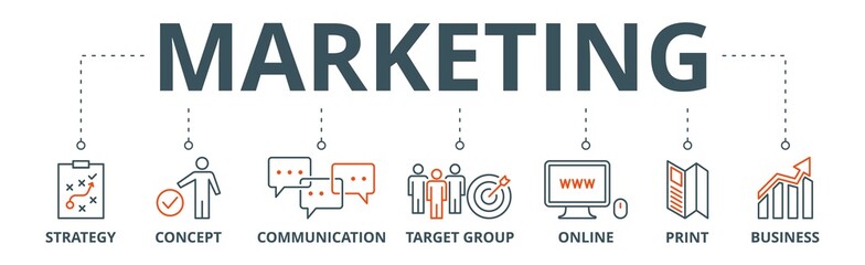 Marketing banner web icon vector illustration concept with icon of strategy, concept, communication, target group, online, print and business