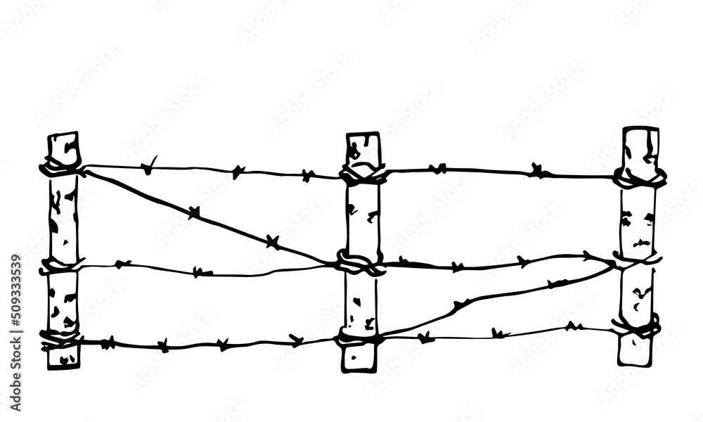Simple hand drawn black outline vector drawing. Barbed wire fence and poles. Border forbidden protected area. Sketch in ink. Stock Vector Adobe Stock