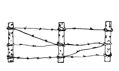 Simple hand drawn black outline vector drawing. Barbed wire fence and poles. Border, forbidden, protected area. Sketch in ink.