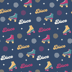 retro rollers skates  disco groovy funky seamless pattern on dark blue background