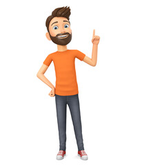 Sticker - Cartoon character guy points his finger up. 3d render illustration.