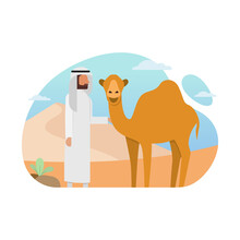 Cute Eid Al-adha Background Illustration With Man Holding Camel