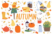 Vector Illustration Autumn Collection. Fall Cozy Style. Decorative Set Of Autumn Elements And Accessories.