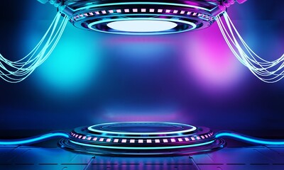 Wall Mural - Inside spaceship laboratory with empty podium interior architecture with glowing blue and pink neon for cyberpunk product presentation. Technology and Sci-fi concept. 3D illustration rendering