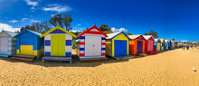 Brighton Beach, Australia - September 7, 2018: Brighton Beach Colorful Wooden Cabins On A Sunny Day, Panoramic View