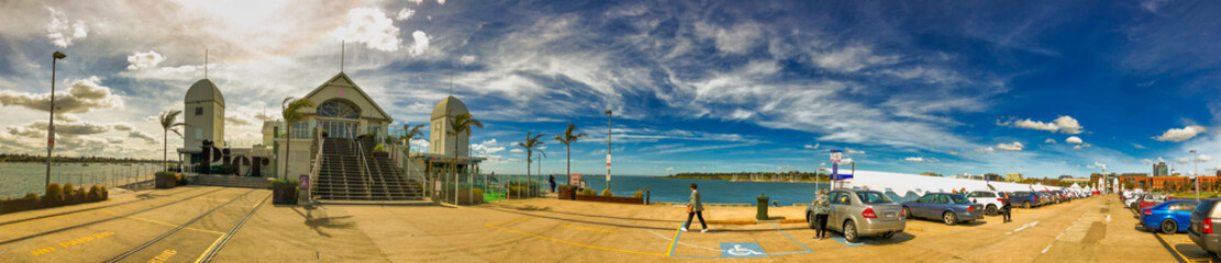 Geelong, Australia - September 8, 2018: Cunningham Pier and car parking on a beautiful sunny day, panoramic view