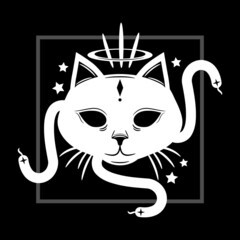 Wall Mural - White demon face cat with tail snake and stars on black background boho tattoo icon vector design.