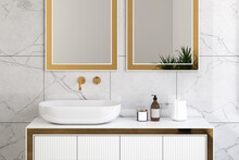 Close Up Of Luxury Sink With Square Mirrors Are Hanging In On White Marble Wall, Modern Cabinet With Gold Faucets In Minimalist Bathroom. 3d Rendering
