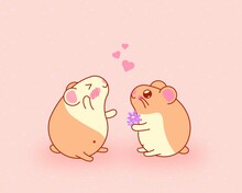 Guinea Pig Gives Flowers To Guinea Pig With Love