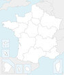 Vector blank map of France with regions and territories and administrative divisions, and neighbouring countries. Editable and clearly labeled layers.