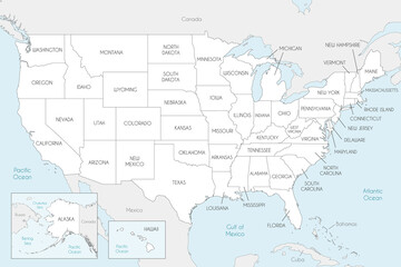 Vector map of USA with states and administrative divisions, and neighbouring countries. Editable and clearly labeled layers.