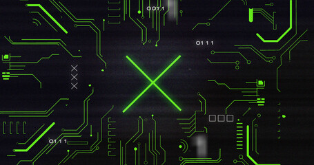Poster - image of interference over cross, data processing and computer circuit board