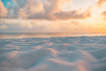 Aufkleber - Amazing closeup beach sunset, endless blurred horizon, incredible dreamy sunlight. Relax, tranquility bright beach sand, rays. Positive energy serene solitude sea view. Summer beach golden skyline