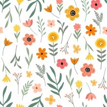 Seamless Floral Millfleurs Pattern With Colorful Wildflowers In Doodle Style. Cute Creative Print For Fabric Wrapping Gift Paper Product Surface Design