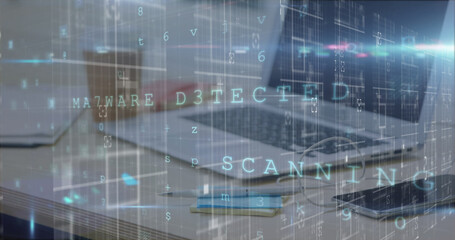 Poster - Image of cyber attack warning and data processing over laptop