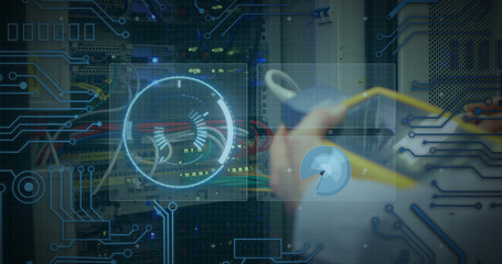 Poster - Image of data processing over caucasian woman inspecting server room