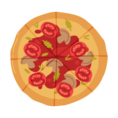 Poster - Appetizing Italian Pizza as Round Hot Dough Topped with Tomato and Mushroom Above View Vector Illustration