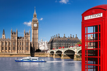 Wall Mural - London symbols with BIG BEN and red Phone Booths in England, UK