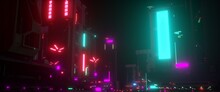 Metaverse Night City Lights. Neon Urban Future. Futuristic City In A Cyberpunk Style. Photorealistic 3D Illustration. Futuristic Skyscrapers With Huge Luminous Billboards.	