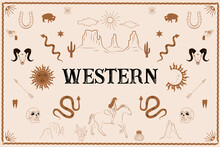 Western Poster With Desert Landscape, Western Animals, Cowgirl, Horses, Wild West Elements, Cactus. Editable Vector Illustration.