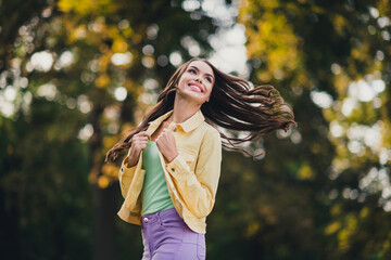 Sticker - Portrait of attractive cheery long-haired girl dancing having fun relax throwing hair fantasizing in forest outdoors