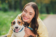 Portrait Of Attractive Sweet Cheerful Girl Cuddling Dog Having Fun Spending Time Vacation Holiday Outdoors