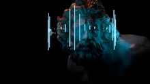 Bust Of A Laocoon With A Neon Hologram On His Eyes. The Rhythm Of A Music Track Or Voice Message, Bright Modern Art