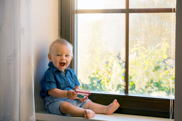 Sticker - Baby boy, cute child, sitting on a window on sunset, playing with baby book