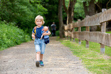 Little Toddler Child, Boy, Walking On Little Path Next To A Fence In The Park, Hiking