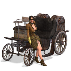 3D-illustration of a steampunk girl with a victorian dressand a carriage