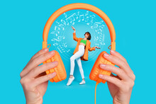 Photo Cartoon Comics Sketch Collage Of Girl Dancing Inside Huge Arms Holding Headphones Isolated Blue Color Background