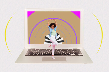 Poster - Composite collage image of positive person dancing huge netbook hypnosis screen isolated on creative background