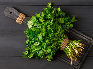 bunch of fresh Cilantro, on a gray wooden table, close-up, top view, no people.