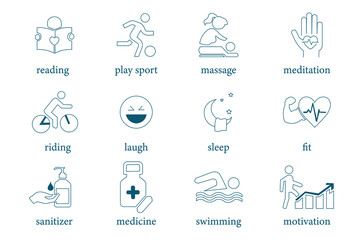 Wall Mural - icon set vector illustration reading, play sport, massage, meditation, riding, laugh, sleep, fitness