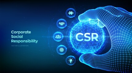 CSR. Corporate social responsibility and giving back to the community concept in the shape of polygonal sphere in wireframe hand. Sustainability Responsible Office. Vector illustration.