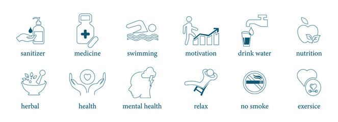 Canvas Print - Wellness icon set medicine, swimming, motivation, drink water, nutrition, herbal, health, mental health, relax, no smoke, exercise