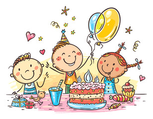 Leinwandbilder - Cartoon doodle happy kids birthday party with a big cake