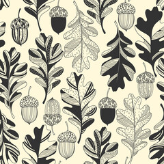 Seamless pattern with oak leaves and acorns. Hand-drawn vector illustration. Floral art background. Perfect for design templates, wallpaper, wrapping, fabric and textile.