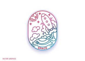 Wall Mural - Space travel. Traveling by transport. Creative line art label design. Vector graphics