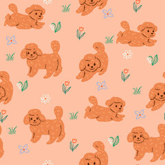 Canvas Print - Seamless pattern with cute dogs and flowers. Vector graphics.