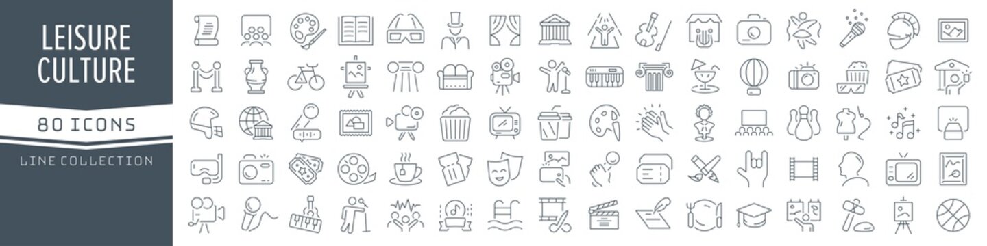 art and culture line icons collection. big ui icon set in a flat design. thin outline icons pack. ve