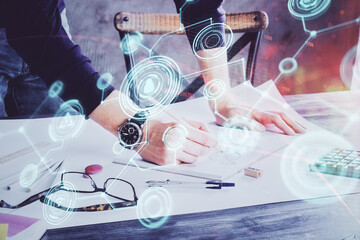 Poster - Man's hands working with notes background. Social networking concept.