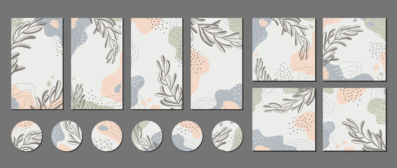 Floral set. Trendy creative templates for social media posts, stories, banners, branding design, covers. Modern vector illustrations with organic shapes, plants, graphic elements for holiday, business