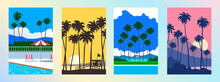 Summer Vacation Posters Set With Palm Trees Beach Ocean  Swimming Pool Sunset Vector Illustration