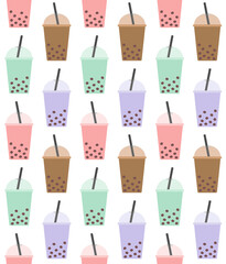 Wall Mural - Vector seamless pattern of different flat boba bubble tea isolated on white background