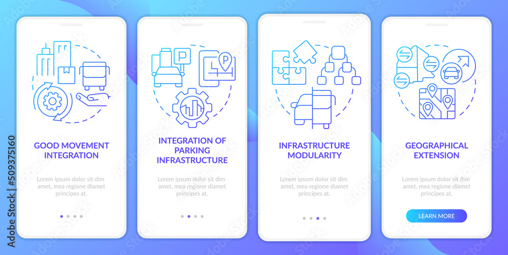 MaaS requirements blue gradient onboarding mobile app screen. Service providing walkthrough 4 steps graphic instructions with linear concepts. UI, UX, GUI template. Myriad Pro-Bold, Regular fonts used