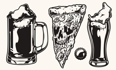 Poster - Beer pizza emblem monochrome vintage