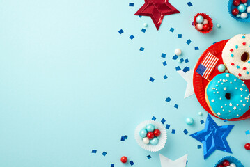 Fourth of July concept. Top view photo of party accessories national flag stars confetti paper backing molds with sweets and plate with glazed donuts on isolated pastel blue background with copyspace