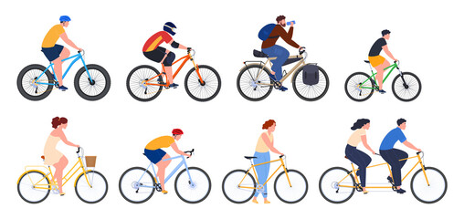 Illustrations of people on bicycles of different types for leisure and various sports. Two-wheeled transport. Vector illustration