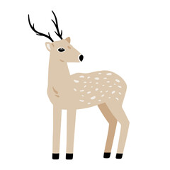 Hand drawn illustration with charming deer. Cute forest character. Vector lovely deer in flat style isolated on white background. Cartoon woodland creature. Childish colorful illustration